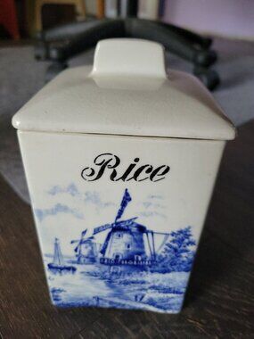 Minerva Porcelain Square Canister RICE Blue White Windmill  Germany Vtg 8x4x4in